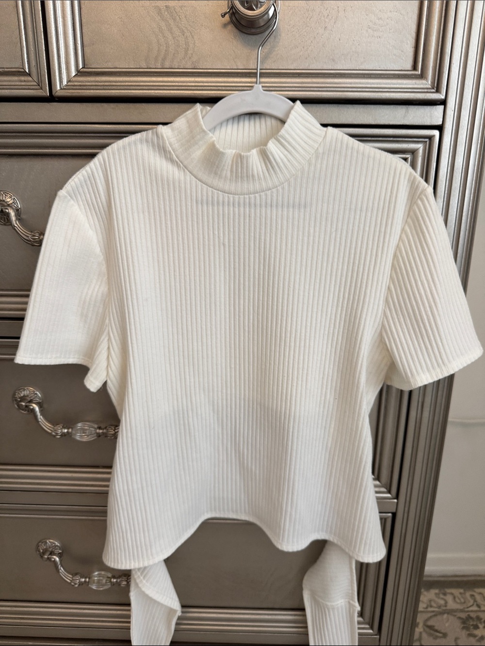 Maje Cream Ribbed Short Sleeve Mock Neck Top